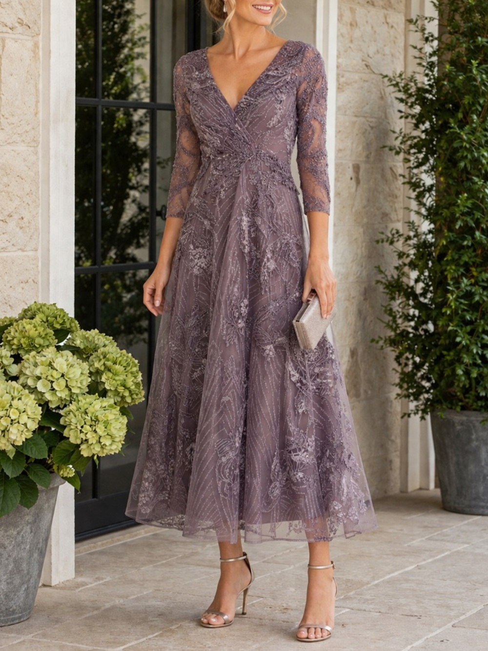 Mac Duggal Purple Embellished A-Line Dress 4 3/4 Sleeve Wrap 20336